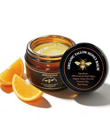 Eqimznv Beef Tallow for Skin, Organic Grass-Fed Beef Tallow Balm with Row Honey, Tallow and Honey Balm, Tallow Face Moisturizer for Face Body, Natural Formula for Dry & Sensitive Skin (2 OZ, Citrus)