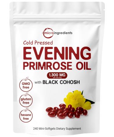 Micro Ingredients Evening Primrose Oil 1300mg Per Serving 240 Softgels | Enhanced with 40mg Black Cohosh Extract Cold Pressed 10% Active GLA Non-GMO No Gluten Easy to Swallow