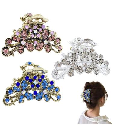 3 Pcs Vintage Rhinestone HairClawFashion Alloy Fancy Hair Claw Jaw Clips Pins  Metal Alloy Fancy Hair Barrette Decorative Flowers Hair Clamp for Women Thick Hair Purple+Silver+Sky Blue