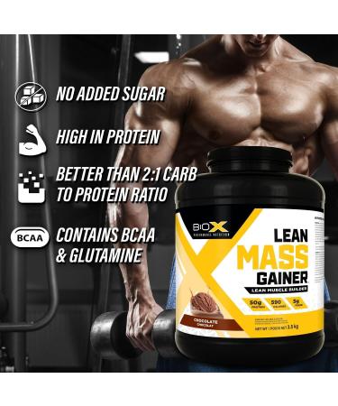BioX Lean Mass Gainer | Low Lactose Sustained-Release Protein Matrix Gainer with No Added Sugar | 590 Calories 50G Protein 5G Fibre | 23+ Servings 3.50KG (Chocolate) - Buy Online on GoSupps.com