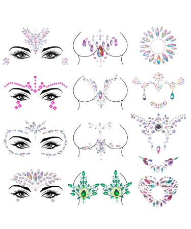 Duufin 12 Sets Rave Jewels Face Body Jewel Stickers Mermaid Face Gems Belly Crystal Tears Gems Temporary Tattoo for Festival Party - Buy Online on GoSupps.com