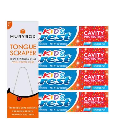 Kids Toothpaste Sparkle Fun 2.2 oz (Pack of 4) - Toothpaste with Fluoride Cavity Protection + Tongue Scraper with Travel Case