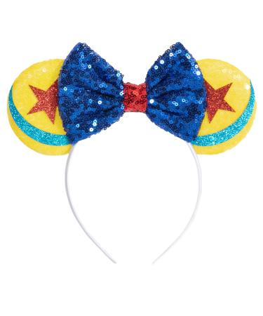 CHuangQi Mouse Ears Headbands with Shiny Bow  Double-sided Sequins Glitter Hair Band  for Birthday Party  Celebration or Event (XC22) Yellow & Blue