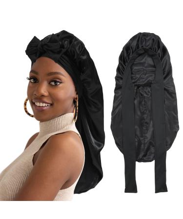 AWAYTR Long Satin Bonnet for Women - Double Layer Elastic Silk Bonnet for Braids Hair Sleeping Cap with Tie Band (Black) One Size Black