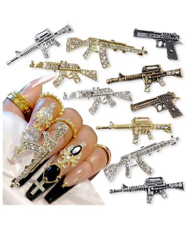 3D Metal Gun Nail Charms  Alloy Weapon Nail Charm Luxury Diamond Gun Charms For Nails Gun Nail Jewels For Nail Art Decoration Rhinestones Nail Accessories DIY Nail Art Tools Nail Supplies 10pcs/set