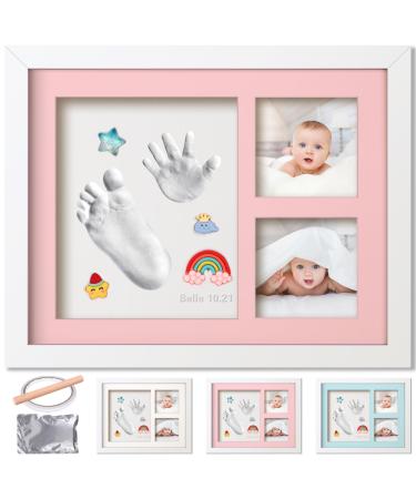 Baby Hand and Footprint Kit Picture Frame Clay Set for Newborn Girls and Boys Infant Milestone Photo Frame with 3 Colour Backing Cards and 4 Trinkets Keepsake Baby Shower Gifts for New Parents White-Clay-01