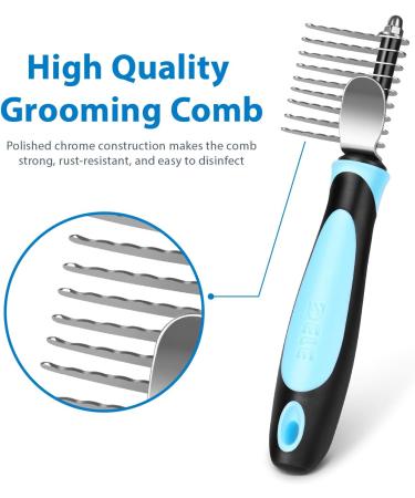 Flexzion Dogs Dematting Comb Stainless Steel Blades Rakes for Pets Cats Animals Matted Knotted Hair Brush Cutting Removing Grooming Tool with Smooth Teeth Needle - Black & Blue Handle - Buy Online on GoSupps.com