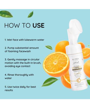 AlZIBA CARES Vitamin C Foaming Face Wash with Orange Peel & Raspberry | Includes Soft Silicon Face Brush | Skin Brightening Cleanser for Men & Women | 150ml - Buy Online on GoSupps.com