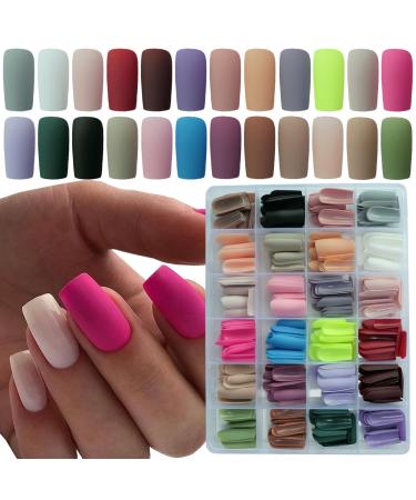 LoveOurHome 576pc Medium Press on Nails Matte Square Fake Nails Full Cover Colored Artificial Fingernails Decorated Acryic Tips 24 Colors 10 Sizes with Case for Women Girls