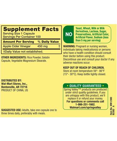 Spring Valley Apple Cider Vinegar Dietary Supplement 450mg - 100 Capsules | Natural Weight Management Support - Buy Online on GoSupps.com