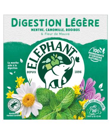 Elephant Elephant Gentle Digestion Infusion Mint Chamomile and Rooibos Flavor Rainforest Alliance Certified 100% Naturally Sourced Ingredients 20 Pyramid Tea Bags
