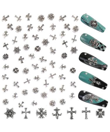CAMLO 3D Cross Nail Charms HKEIN 3D Chrome Metal Silver Nail Art Charm Vintage Gothic Retro Punk Crosses Hearts Skulls Mixed for Manicure Craft DIY Nail Art Decoration Accessories