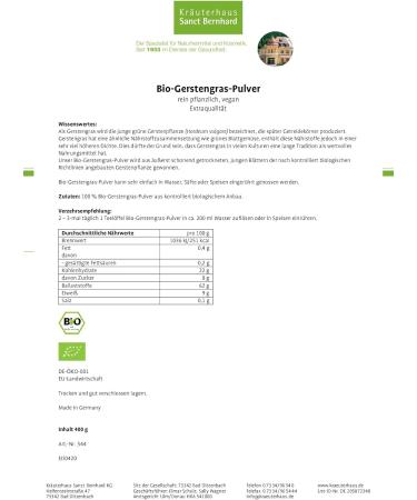 Sanct Bernhard Organic Barley Grass Powder - Extra Quality 400g | DE- KO-001 | International Shipping Available - Buy Online on GoSupps.com