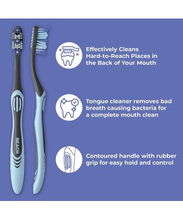 REACH Essentials Toothbrush with Caps, Multi-Zoned Angled Soft Bristles, Contoured Handle & Tongue Scraper - 6 Count - Buy Online on GoSupps.com