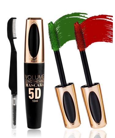 Green Red Tubing Colored Mascara-2PCS Waterproof 5D Liquid Fiber Lash Mascara Long Lasting Mascara Volume and Length Natural Smudge-proof Curling Volumizing Colorful Mascara Christmas Women Makeup Green+red