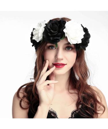 DreamLily Women's Hawaiian Stretch Rose Flower Headband Floral Crown for Garland Party BC12 (Black White) Black White One Size Red Rose Black - Buy Online on GoSupps.com