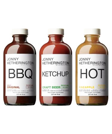 Jonny Hetherington Essentials Fan Fave Trio 3-Count | All-Natural Ingredients | No Additives/Preservatives | Original Smoky BBQ Craft Beer Ketchup & Pineapple Habanero Hot Sauce | 237mL 8oz (Glass Bottle)