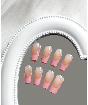 Light Pink French Tip Press on Nails - 24 Pcs Full Cover False Nails with Nail Glue for Women and Girls - Buy Online on GoSupps.com