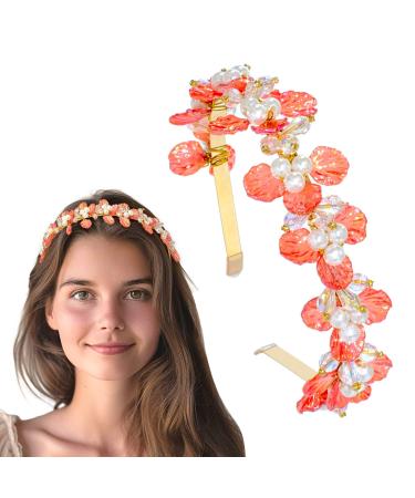 Rhinestone Flower Headband with Pearls and Crystals Red Flowers and White Preals Design Orange