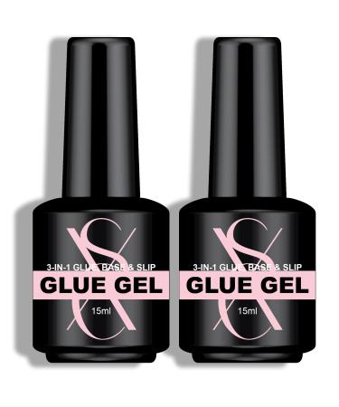 SXC Cosmetics 3 in 1 Nail Glue Gel 2PCS 15ML Brush On Gel Nail Glue for False Nails Gel Nail Polish Acrylic Nails (G40) 0.5 Fl Oz (Pack of 2)