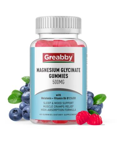 Magnesium Glycinate 500mg Gummies with Melatonin Vitamin B6 B12 & D3 Calm Sleep Supplement Magnesium Chewable Gummies for Women & Men Muscle Relief & Mood Support Vegan Organic (60 Gummies)
