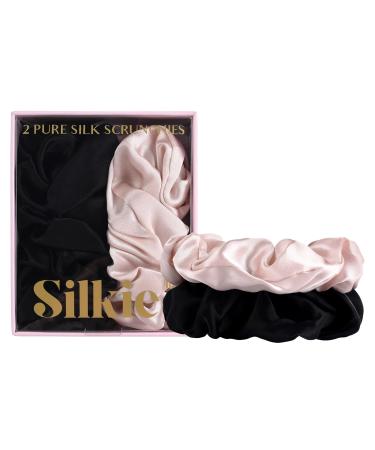 SILKIE x2 Set 100% Pure Mulberry Silk Pink Black Large Oversized Scrunchies Silk Travel Pouch Hair Ties Elastics Hair Care Premium Ponytail Holder No Damage Classic