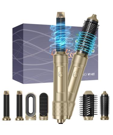 6 in 1 Multifunctional Hair Styling Tool: Detachable Blow Dryer Brush Ionic Hot Air Volumizer Thermal Curler Wand Round Straightening Brush Gold