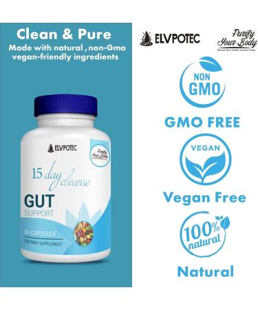 ELVPOTEC 15 Day Cleanse Formula - Gut and Colon Support | Advanced Gut Cleanse Detox with Senna Cascara Sagrada & Psyllium Husk | Non-GMO | Made in USA | 30 Capsules - Buy Online on GoSupps.com