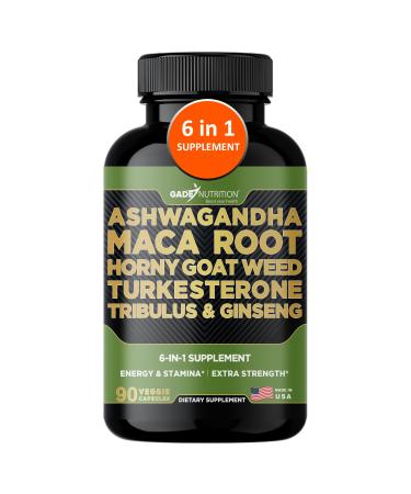 Gade Nutrition Ashwagandha with Maca Root Horny Goat Weed Turkesterone Supplement Tribulus Terrestris Panax Ginseng | 90 Vegetable Capsules for Energy Stamina Performance. | Made in USA