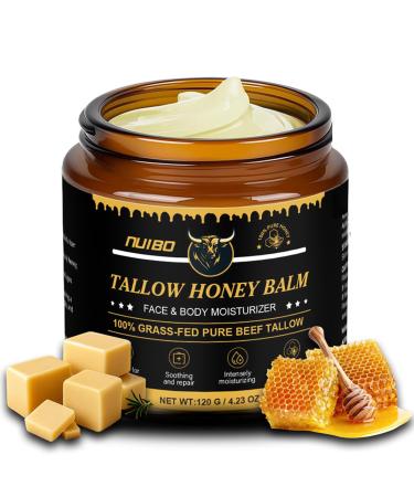 Beef Tallow for Skin Face Lips & Body - 100% Organic Grass-fed Whipped Tallow and Honey Balm - Perfect Moisturizer Cream for Dry Cracked Sensitive or Delicate Skin (4.23Oz)