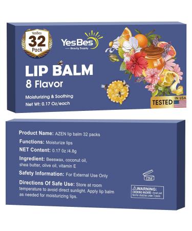 YesBes 32 Pack Lip Balm Natural Lip Balm Bulk with Vitamin E and Coconut Oil Moisturizing Lip Balms for Dry Cracked Lips Lip Balms for Valentines Gifts Stocking Stuffers - 8 Flavors - Buy Online on GoSupps.com