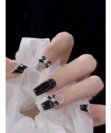 verysparkling 24pcs Black Bow Coffin Fake Nail Black Bow Faux Pearl Press on Nails Black Bow Coffin Nails Luxurious Nails Acrylic Nails Fake Nails For Women Girls