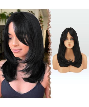 FESHFEN Long Wigs with Bangs Women's Wigs Hair Natural Black Synthetic Hair Wig for Women 45 cm