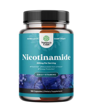 Natures Craft Vitamin B3 Nicotinamide 500mg Capsules - Mitochondrial Energy Supplement - AKA Vitamin B3 Niacin 500mg Flush Free and Niacinamide 500mg - Flush Free Niacin Supplement - 180 Count 180 Count (Pack of 1)