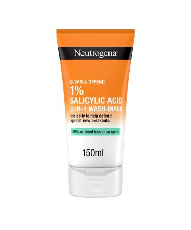 Neutrogena Clear & Defend 2 in 1 Wash-Mask (1x 150ml) Purifying Face Wash and Clay Mask for Oily Spot-Prone Skin Face Wash Mask with 1% Salicylic Acid for Clearer Skin and to Help Prevent Breakouts