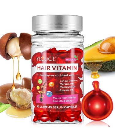 Hair Vitamin Serum Capsules Hair Treatment Serum Oils - No Rinse with Argan Macadamia Avocado Oils - Enriched Hair Vitamins A C E Pro B5-40 Capsules for Women Men Hair Repair