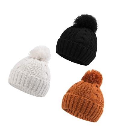 XIAOHAWANG Causal Winter Baby Boys Knit Hat Twist Infant Toddler Hats Kids Girls Pompom Cap 0-3 Years 0-6 Months White+Black+Caramel