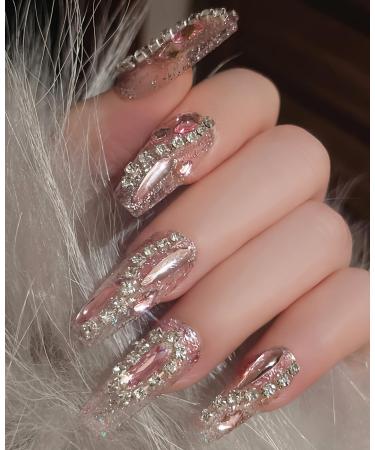 24pcs Rhinestone Coffin Fake Nail Diamond Bling Glitter 3D Press on Nails Valentine's Day Nails Luxurious Nails Acrylic Nails Fake Nails For Women Girls