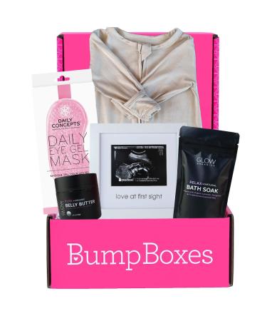 Bump Boxes 2nd Trimester Gift Set Complete Pregnancy Care Package with Belly Butter Bath Soak Baby Footed Sleeper Sonogram Frame and Eye Mask