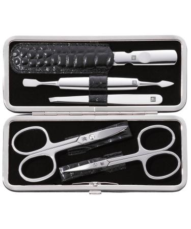Twin manicure set pedicure kit nail care complete set cowhide kroko edition 5-piece black & glass nail file double-sided fine grit-nail care with protective cover premium 150 mm black 5-piece bundle with glass nail file