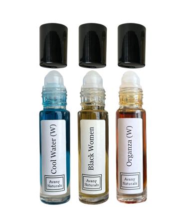 Avany Naturals Set Of 3 Women Type Fragrance Oil - Perfume Inspired Cool Water Black Organza - Womens Roll On Body Oil Alcohol Free 10ml