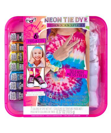 Fashion Angels Tie Dye Super Set- DIY Tie Dye Kit for Kids  All-in-One Complete Tie Dye Set with Latex Gloves  Rubber Bands  Non Toxic Dyes & 6 Projects  Just Add Water  Recommended for Ages 8 and Up Neon Tie Dye Set