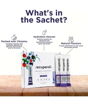 Recuperol Electrolyte Powder Supplement 6 Sachets - Rehydrate & Recover with Zinc, Vitamin C, B12, D3, Potassium - Mixed Berry Flavor - Buy Online on GoSupps.com