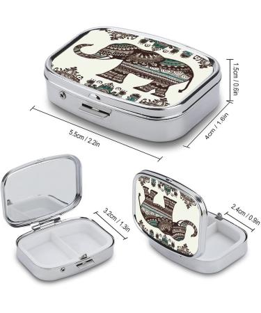 Bohemian Elephant Pattern Pill Box - 2 Compartment Portable Medicine Organizer - Stylish Metal Pill Case for Pocket & Purse - Buy Online on GoSupps.com