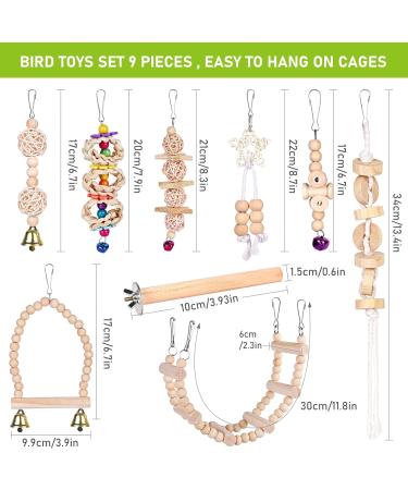 Vegan 9-Piece Bird Toys Set - Wooden Ladder with Landing Site for Budgies Parrots and Cockatoos - Colorful Cage Accessories - Buy Online on GoSupps.com