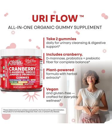 Clean Nutra UriFlow Urinary Tract Gummies with Cranberry D-Mannose Pomegranate Uva Ursi Nettle Berberine Probiotics Vitamin C Marshmallow Corn Silk Hibiscus Juniper for UTI Support Capsules Supplement - Buy Online on GoSupps.com