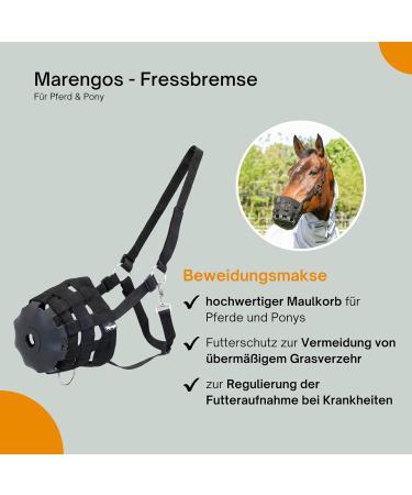 Marengos Fressbremse Muzzle for Horses & Ponies | Adjustable Grass Control & Food Protection | Black Wicker Muzzle for Shetland Pony Full & Warmblood Thoroughbreds - Buy Online on GoSupps.com