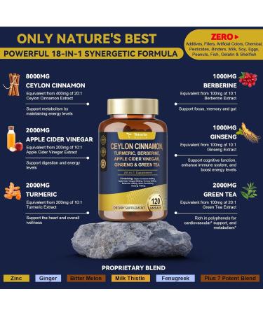 Totaria 18-in-1 Organic Ceylon Cinnamon Capsules 8000mg with Berberine Ceylon Cinnamon Supplement w/Apple Cider Vinegar Turmeric Bitter Melon Milk Thistle for Metabolism Energy Heart* 120 Counts 120 Count (Pack of 1) - Buy Online on GoSupps.com