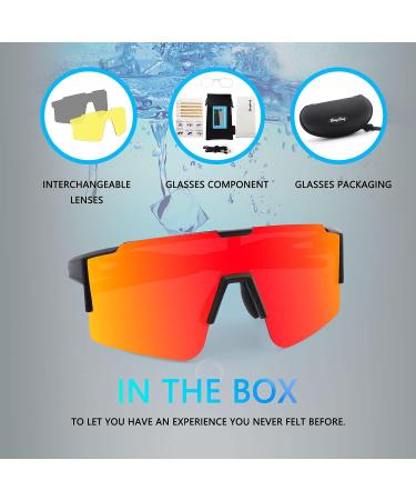 Banglong Polarized Sunglasses - Men's & Women's UV 400 Protection with 3 Interchangeable Lenses for Outdoor Sports Cycling Running & Golf - Black/Red - Buy Online on GoSupps.com