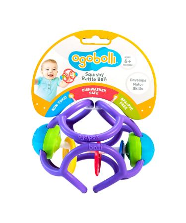 OgoBolli Rattle & Teether Toy for Babies - Tactile Sensory Ball - Stretchy  Soft Non-Toxic Silicone - Ages 6 Months and up - Purple Multicoloured